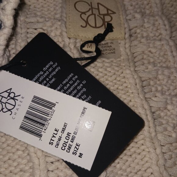 NEW Chaser Cable Knit Belted Cardigan In Cake/Cream & Blue Jay Stripe M Preppy - Picture 7 of 11